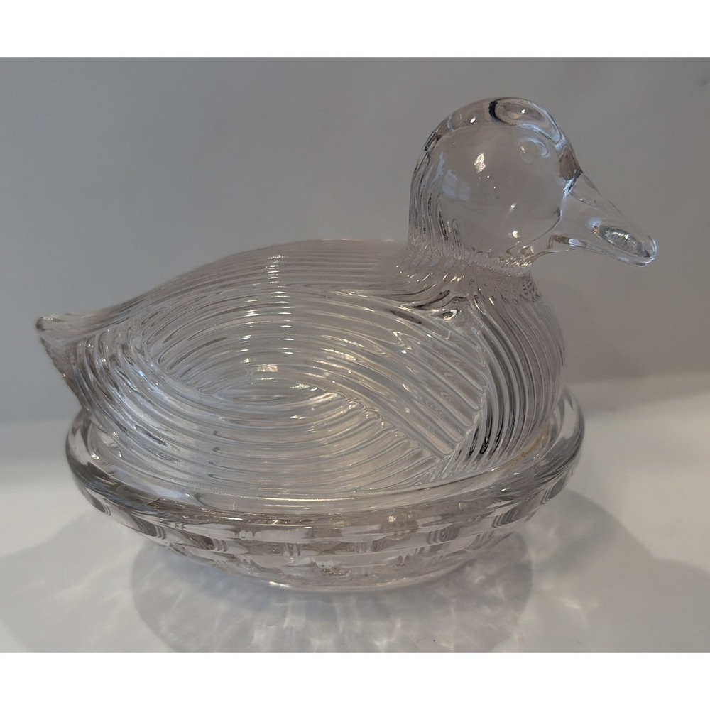 Light Pale Pink Glass Duck On Woven Basket Dish Trinket Candy Covered